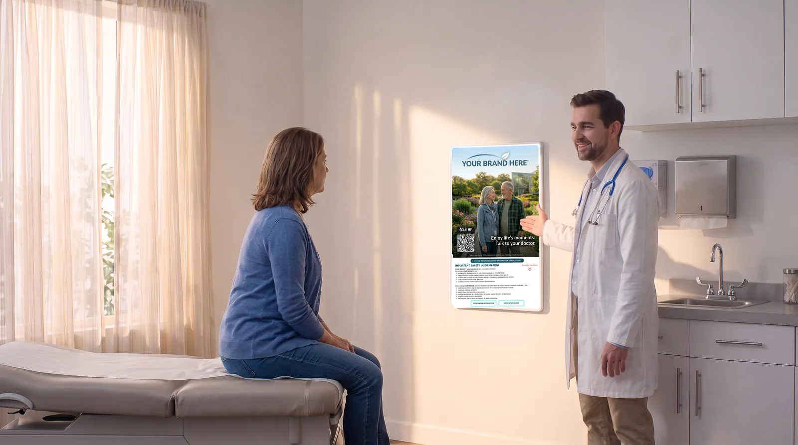 A doctor showing a seated patient a Your Brand Here sample ad on the exam room wallboard