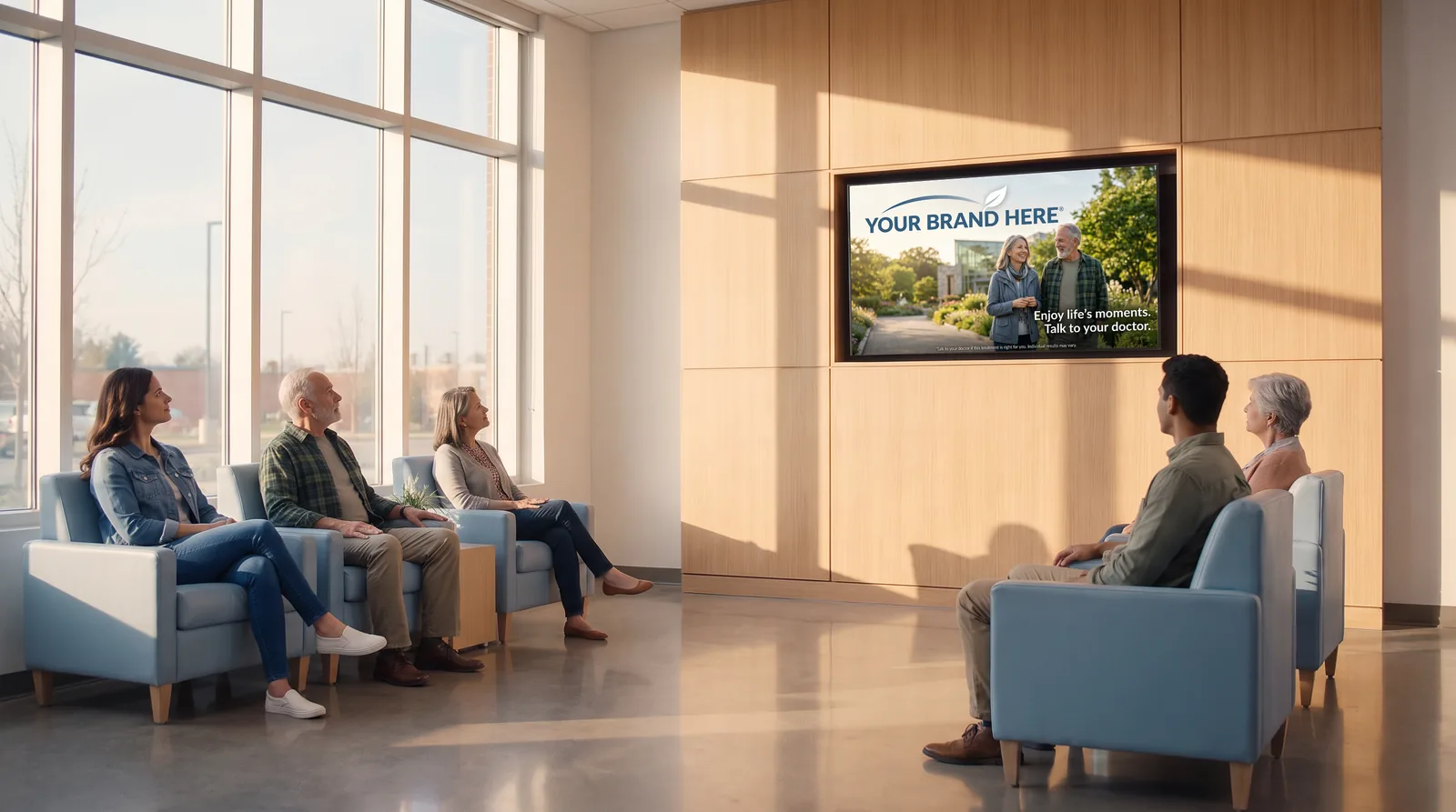 Patients in a waiting room watching a Your Brand Here sample ad on the wall TV