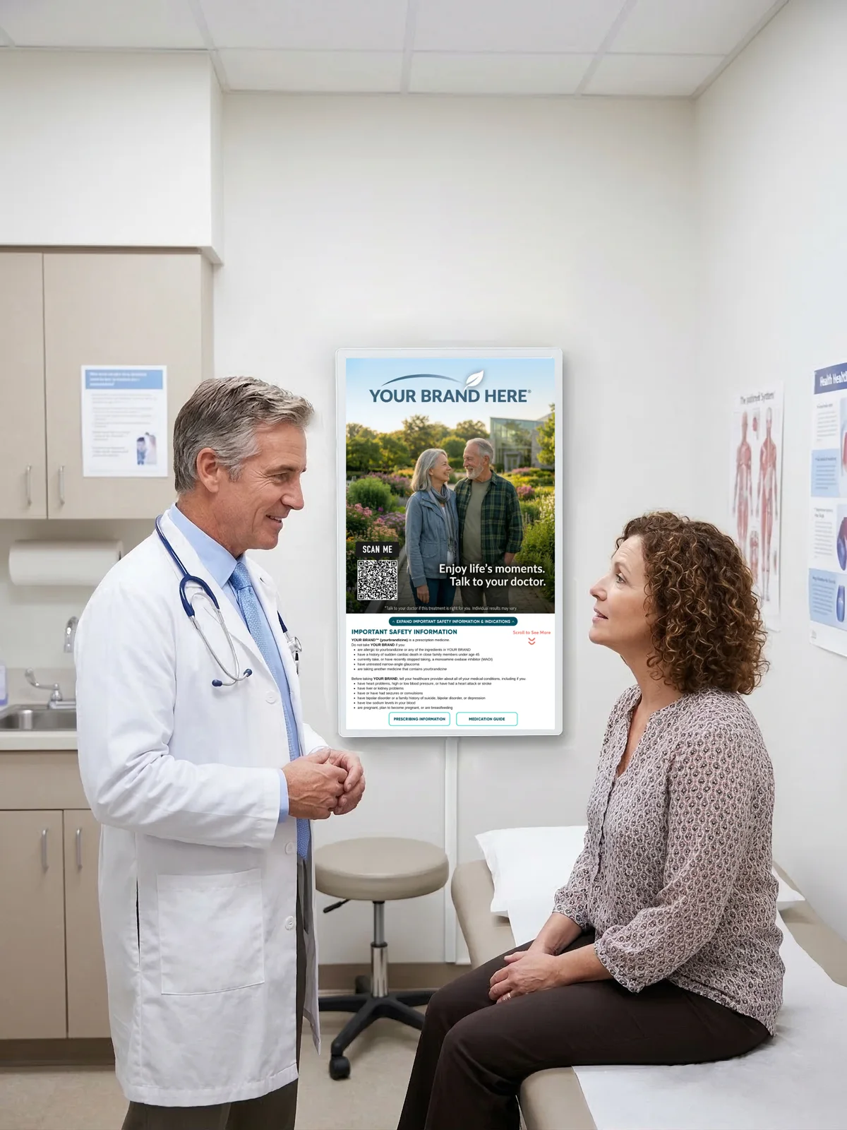 A doctor and patient talking in an exam room beside a wallboard showing a Your Brand Here sample ad