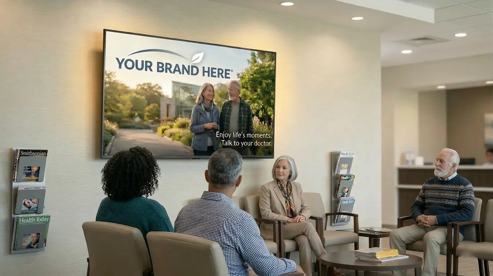 Patients in a waiting room watching a Your Brand Here sample ad on the wall TV