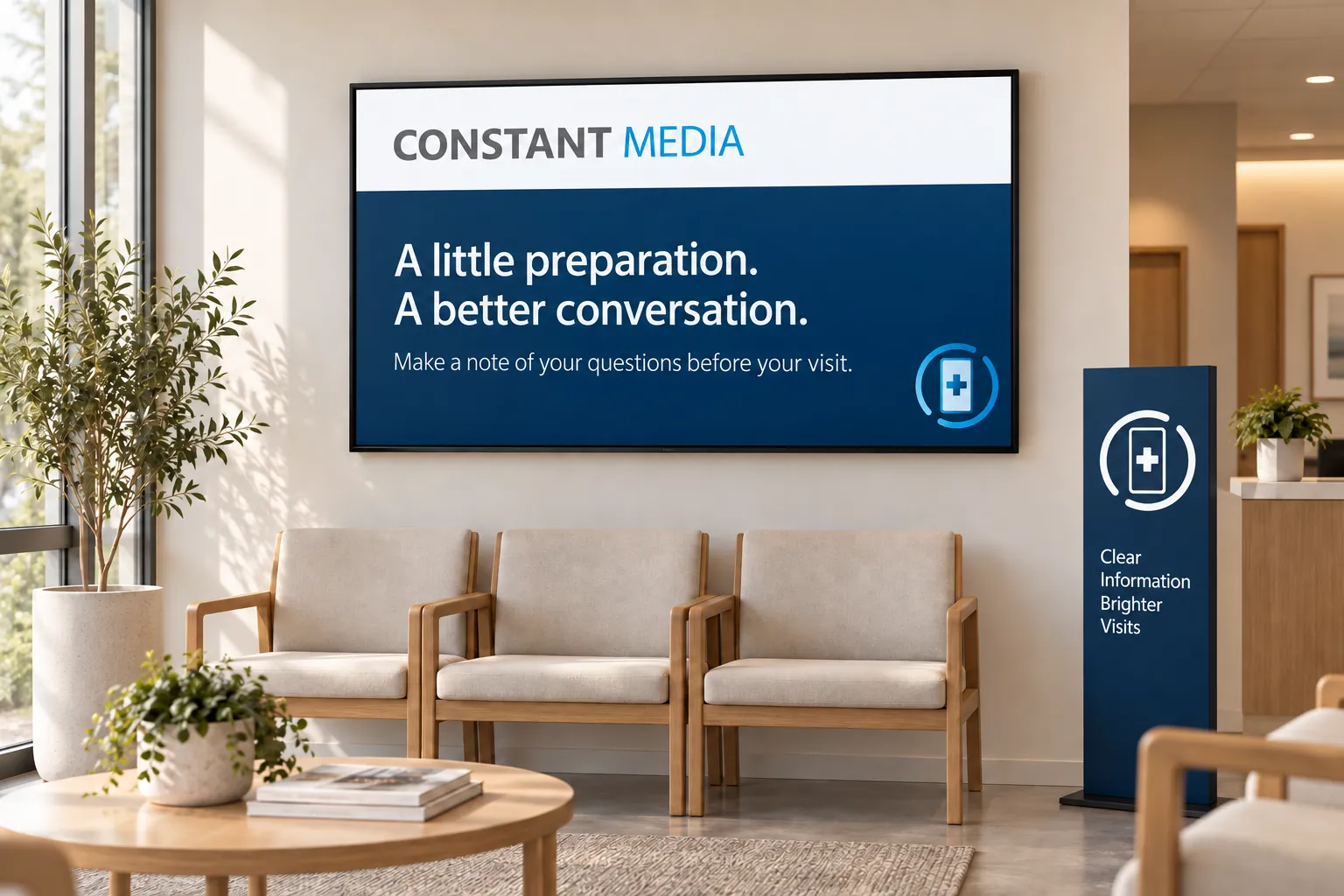 A Constant Media education screen in a bright waiting room