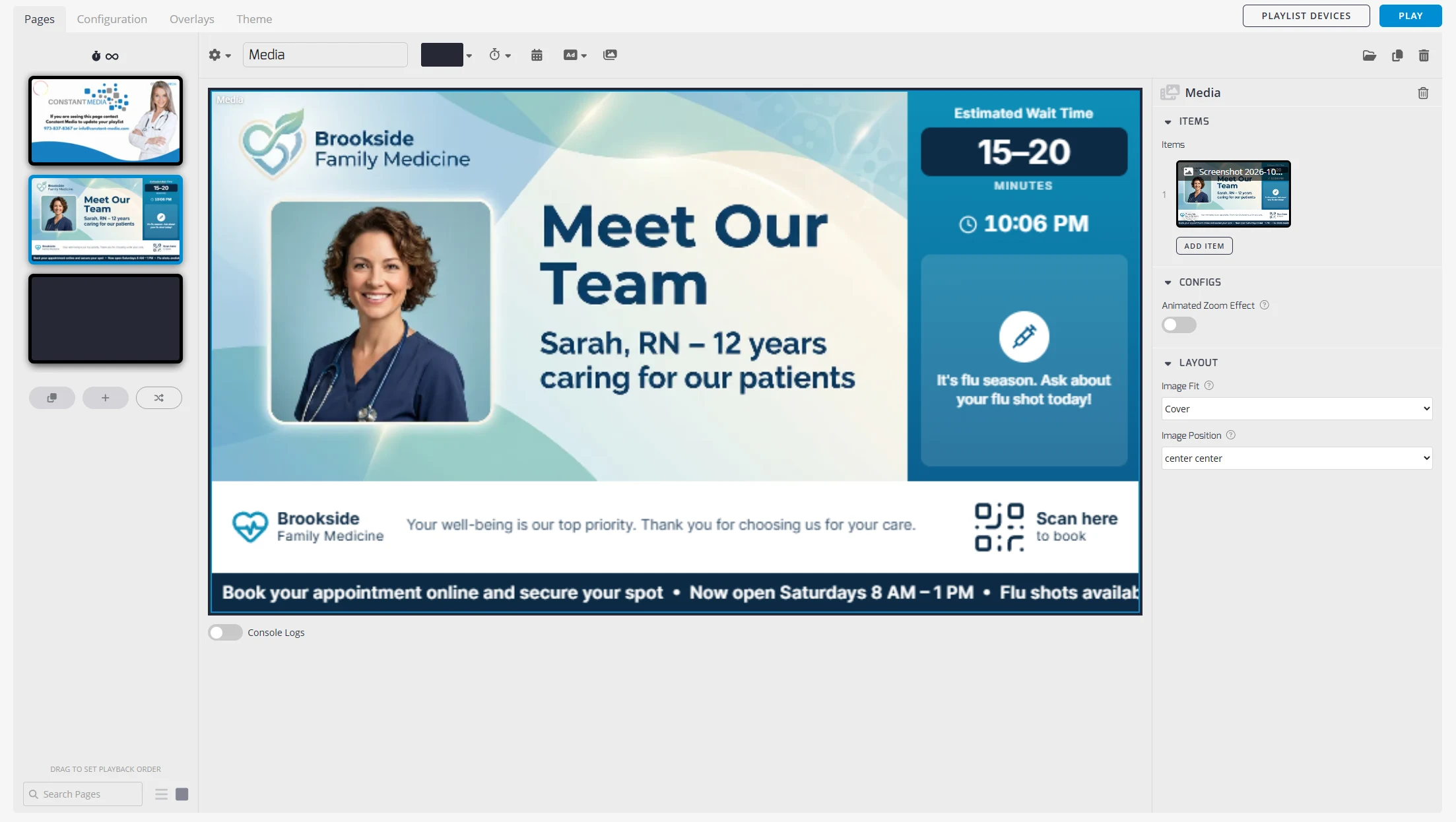 The Constant Media content portal editing a playlist page: a custom Meet Our Team screen with wait time, flu shot reminder and scrolling ticker