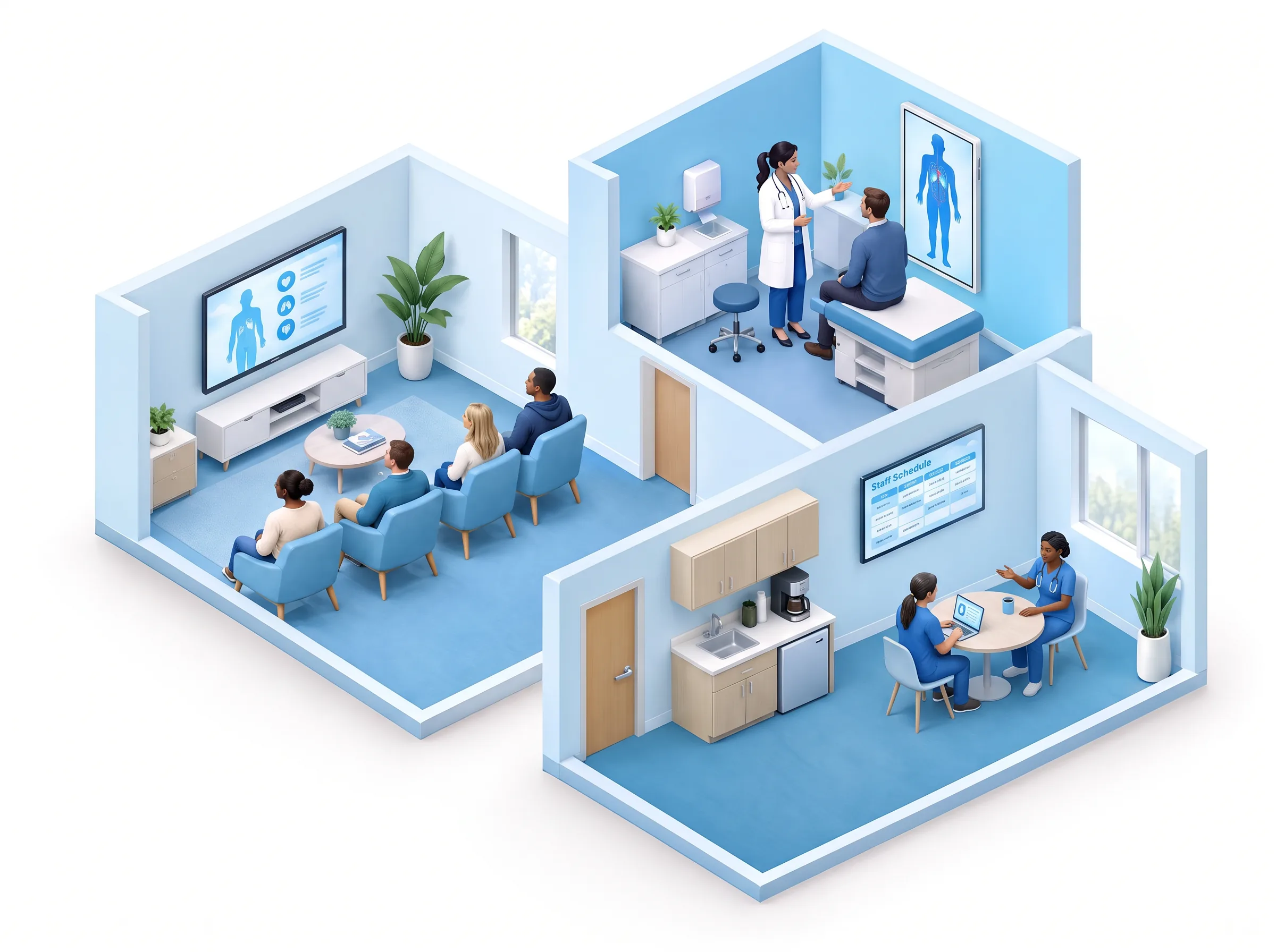 3D illustration of a healthcare practice, with a waiting room TV at left, a vertical interactive wallboard in the exam room at upper right, and a staff schedule screen in the break room at lower right