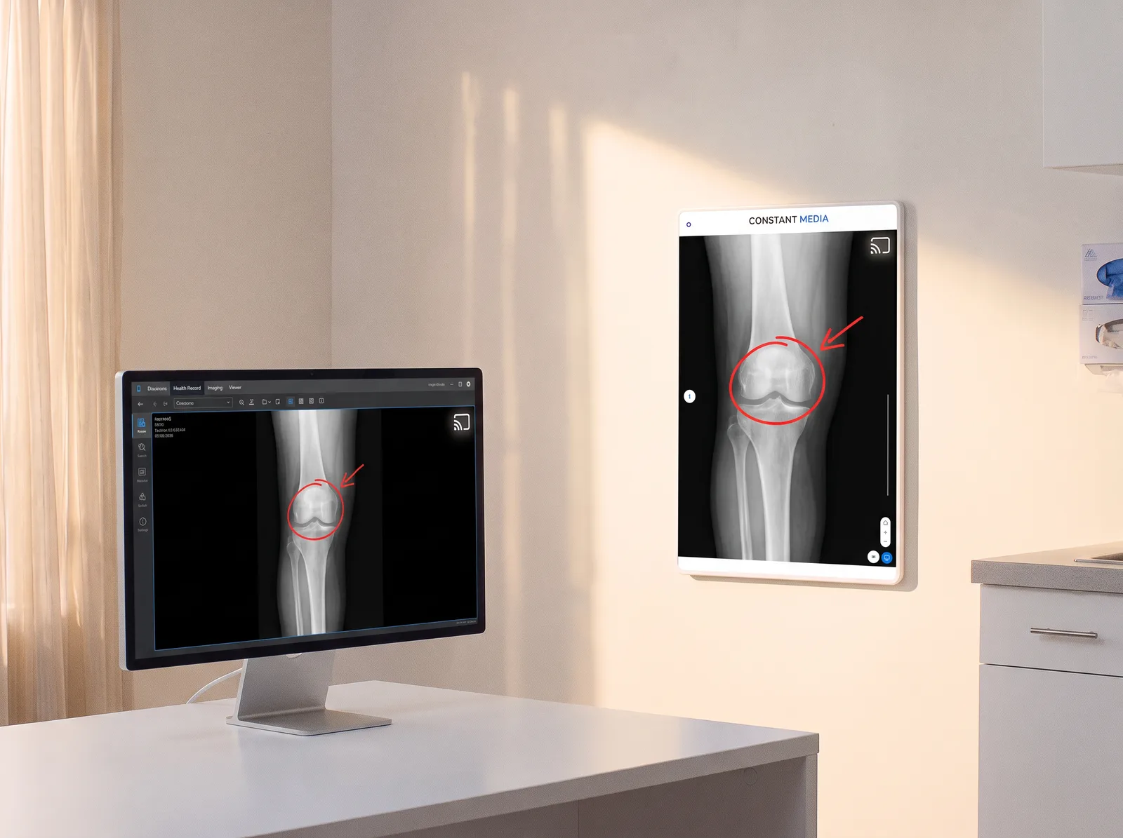 An exam room PC showing a knee X-ray in the EHR, mirrored to the wallboard on the wall with a red annotation drawn over the joint